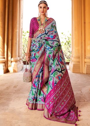 Grey Patola Printed Saree In Art Silk