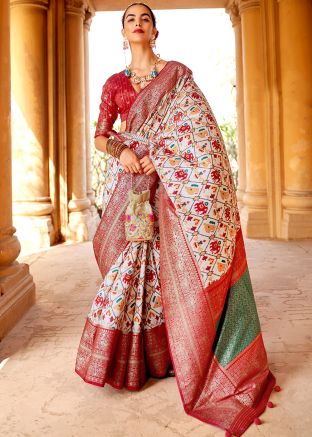 White Art Silk Saree In Patola Print