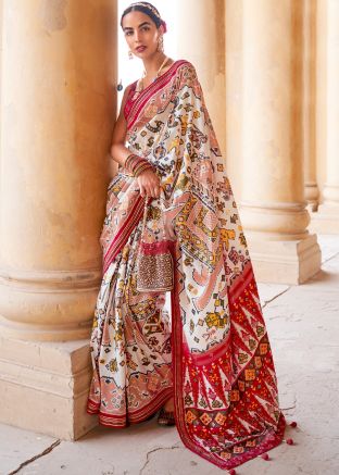 White Patola Print Saree In Art Silk