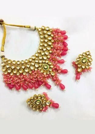 Pink Kundan Studded Festive Necklace And Earrings Set