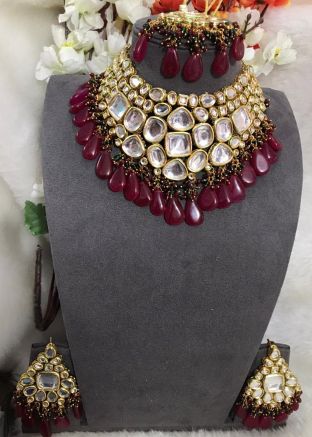 Maroon Kundan Studded Necklace Set With Earrings for Bride Online Panash India