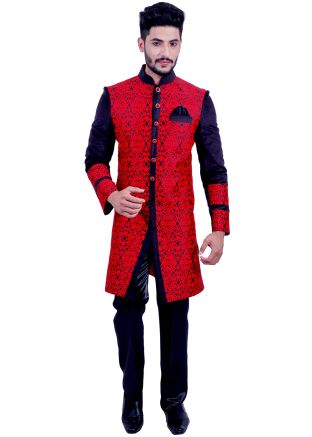 Red Printed Readymade Sherwani With Churidar