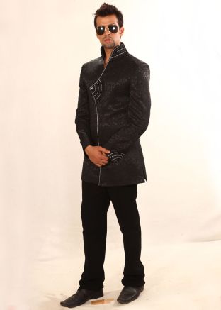 Black Embroidered Indo Western Sherwani Pant Set
