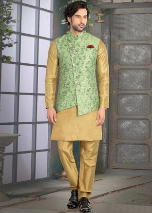 Green Asymmetric Jacquard Woven Nehru Jacket
