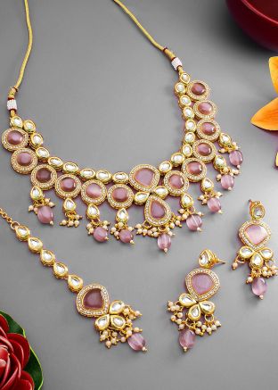 Purple Kundan Studded Necklace With Earrings