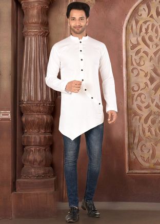 Buy White Readymade Cotton Asymmetric Short Kurta For Men