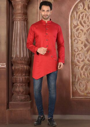 Red Cotton Asymmetric Readymade Short Kurta For Men USA Canada