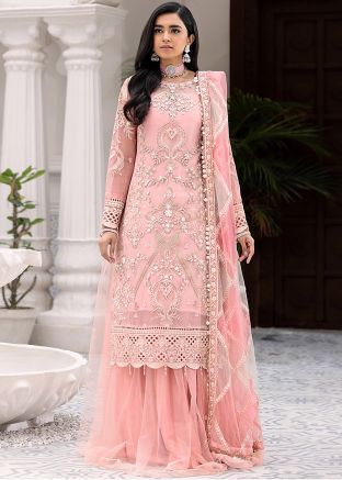Peach Thread Embroidered Palazzo Suit In Net