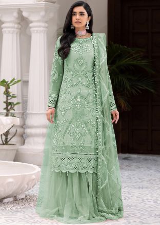 Green Embroidered Palazzo Suit With Dupatta