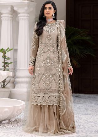 Beige Net Palazzo Suit With Thread Embroidery