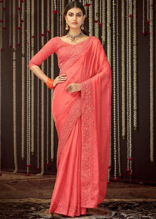 Peach Organza Saree With Embroidered Border