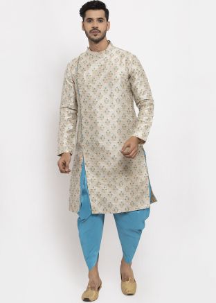 Cream Woven Angrakha Style Side Slit Kurta Dhoti Set