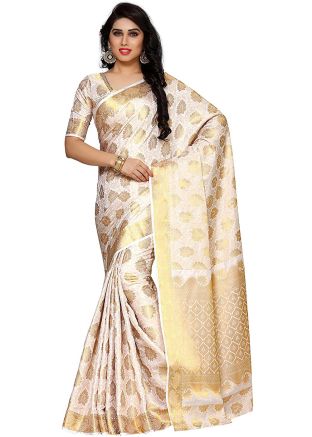 White Woven Saree In Kanjivaram Silk