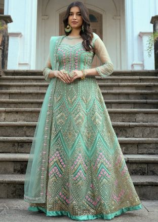 Green Net Embroidered Abaya Style Suit Set