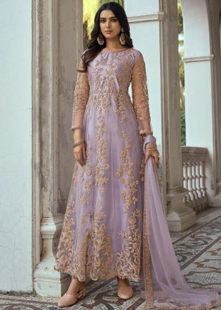 Purple Dori Embroidered Net Anarkali Suit Set