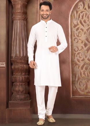White Cotton Readymade Kurta With Churidar