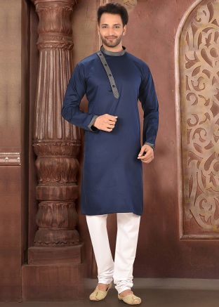 Navy Blue Cotton Readymade Kurta Churidar Set