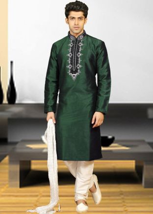 Green Embroidered Dupion Silk Kurta Churidar Set