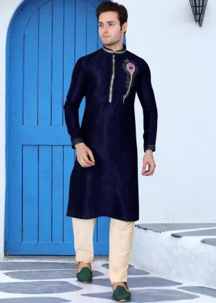 Navy Blue Dupion Silk Straight Cut Kurta With Churidar
