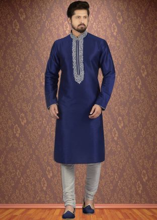 Navy Blue Embroidered Readymade Kurta Churidar Set