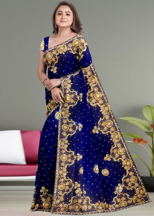 Navy Blue Stone Embellished Saree In Kanjivaram Silk