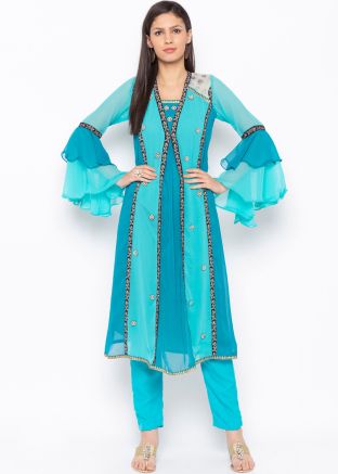 Readymade Blue Shaded Bell Sleeves Long Kurta