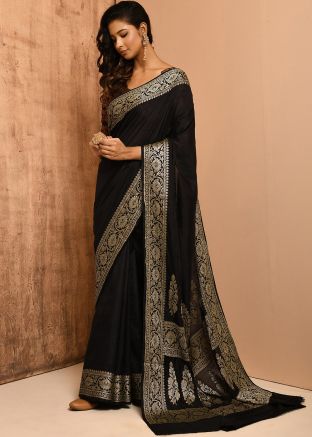 Black Banarasi Silk Saree With Woven Designs