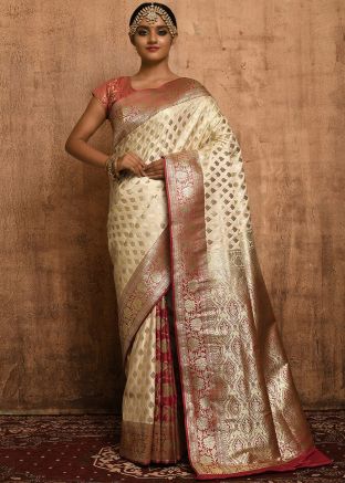 Cream & Red Half N Half Woven Banarasi Satin Saree