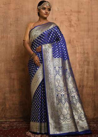 Blue Woven Border Saree In Banarasi Satin