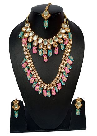 Blue And Pink Kundan Studded Necklace Set