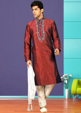 Readymade Maroon Embroidered Kurta With Churidar