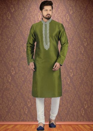 Green Embroidered Readymade Kurta Churidar Set