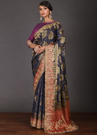 Blue Hand Work Heavy Saree In Art Silk