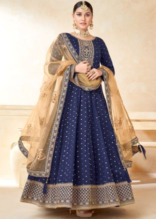 Blue Anarkali Style Suit Set In Art Silk