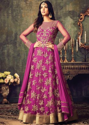 Sonal Chauhan Pink Anarkali Style Suit In Net