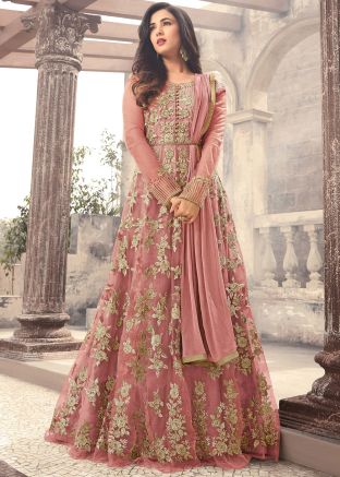 Sonal Chauhan Peach Net Anarkali Suit Set