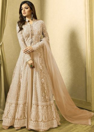 Drashti Dhami Beige Slit Style Suit In Net