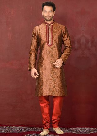 Brown Woven Readymade Kurta With Churidar