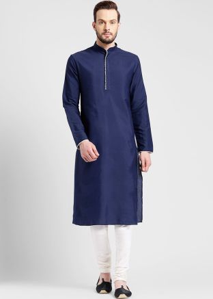 Navy Blue Readymade Cotton Kurta With Churidar