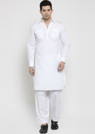 White Cotton Readymade Pathani Suit