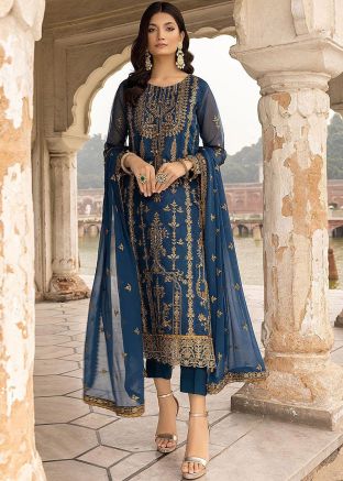 Blue Embroidered Georgette Pant Suit Set