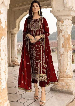 Maroon Zari Embroidered Pant Suit In Georgette