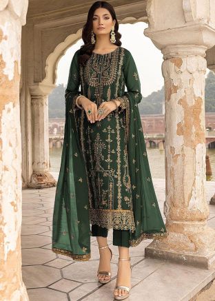 Green Embroidered Georgette Pant Style Suit