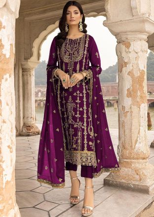Purple Embroidered Pant Style Suit in Georgette