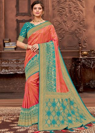 Peach Woven Traditional Saree In Kanjivaram Silk