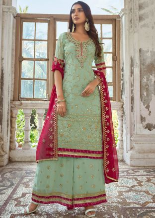 Green Embroidered Palazzo Suit In Georgette