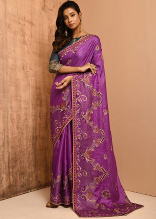 Purple Banarasi Silk Saree With Resham Work