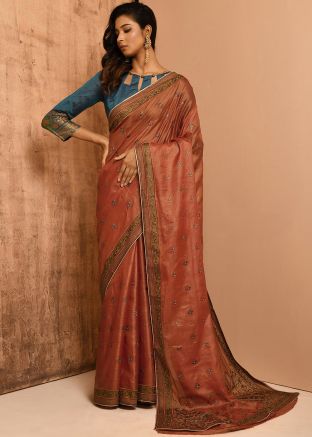 Orange Resham Embroidered Banarasi Saree With Blouse