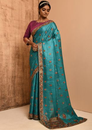 Blue Resham Embroidered Banarasi Silk Saree
