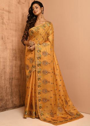 Yellow Banarasi Silk Saree With Resham Work